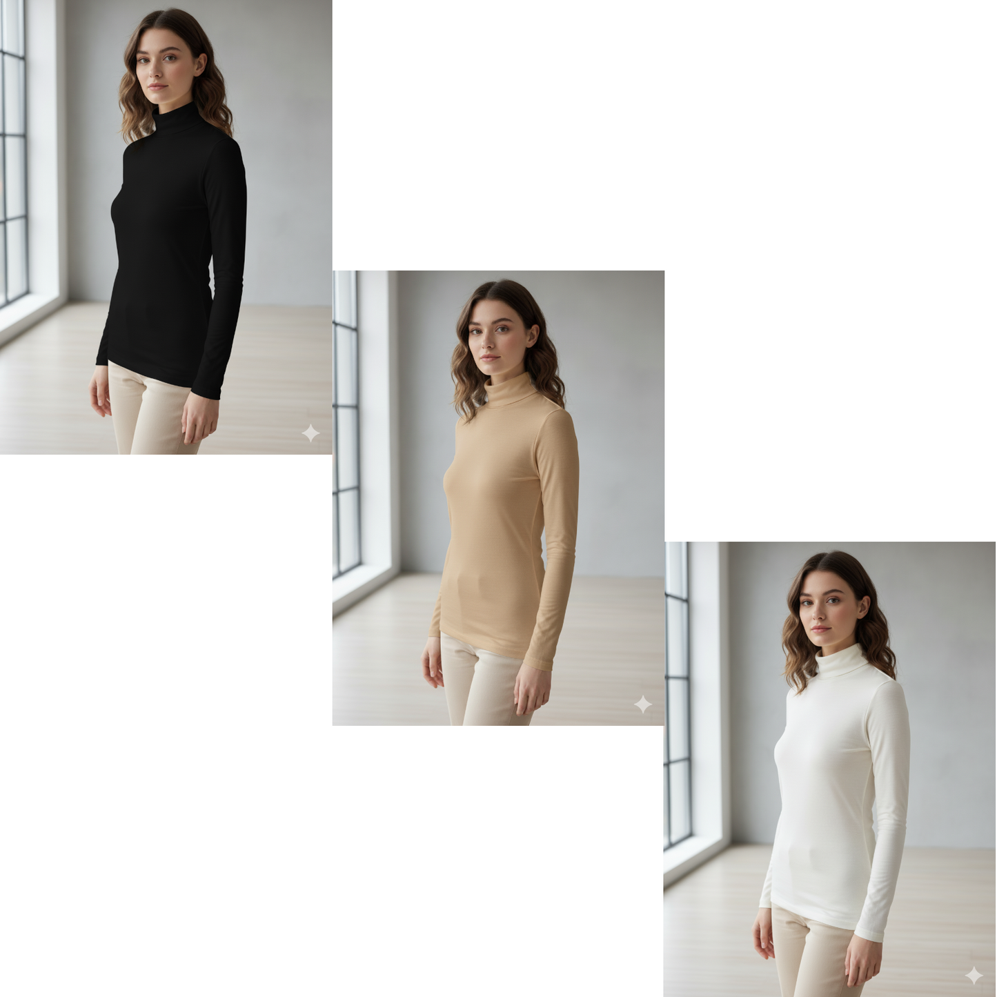 Palm Thermal Long Sleeve Polo Neck Top – Black, Ivory & Beige