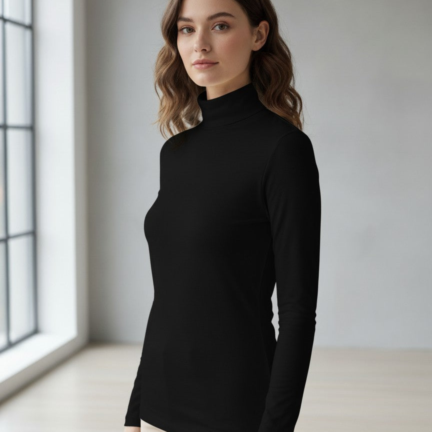 Palm Thermal Long Sleeve Polo Neck Top – Black, Ivory & Beige