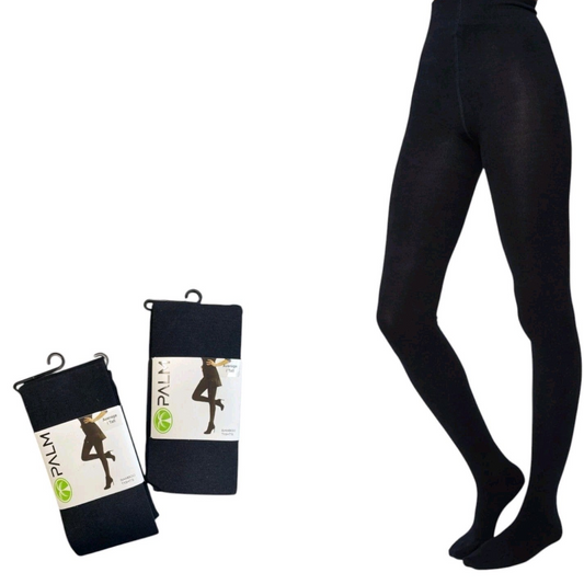 Black tights with packaging and a person wearing them on a white background