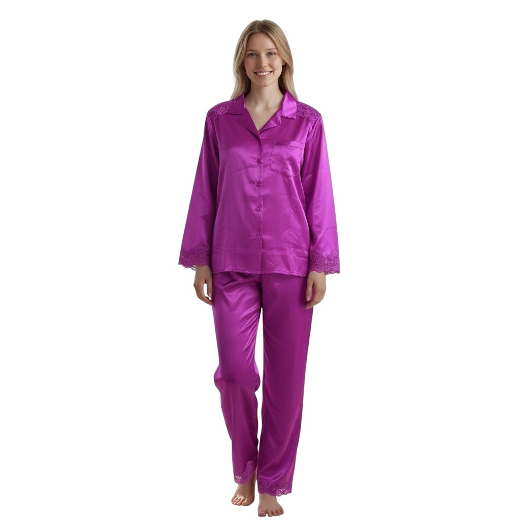 Woman wearing a purple satin pajama set on a white background