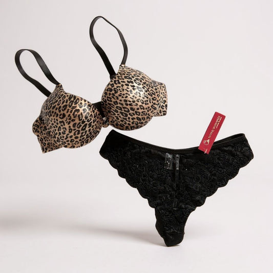 Animal Print Leopard Print T Shirt Bra with Black Lace Thong Sizes 32-38 B to D