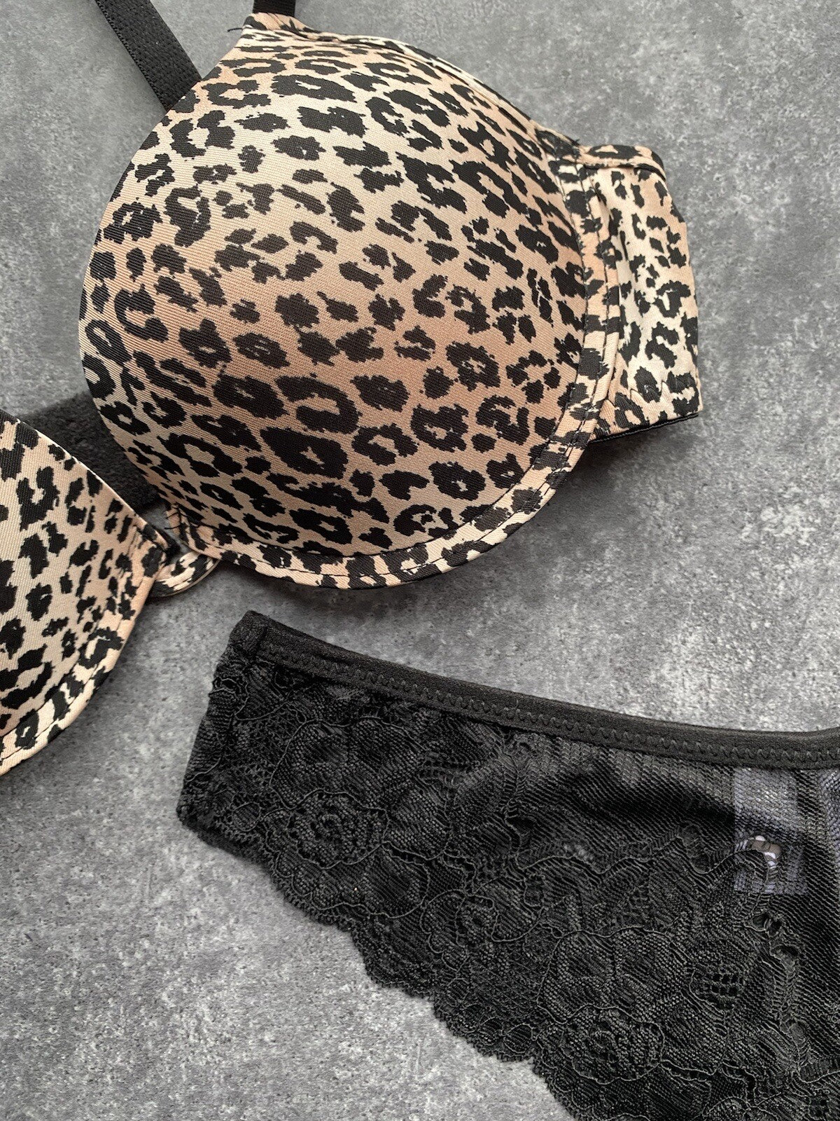 Animal Print Leopard Print T Shirt Bra with Black Lace Thong Sizes 32-38 B to D