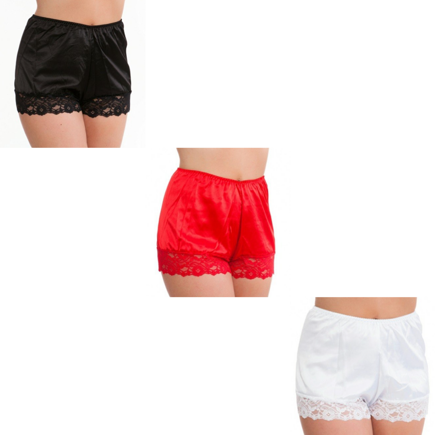Three pairs of lace-trimmed shorts in black, red, and white on a white background.