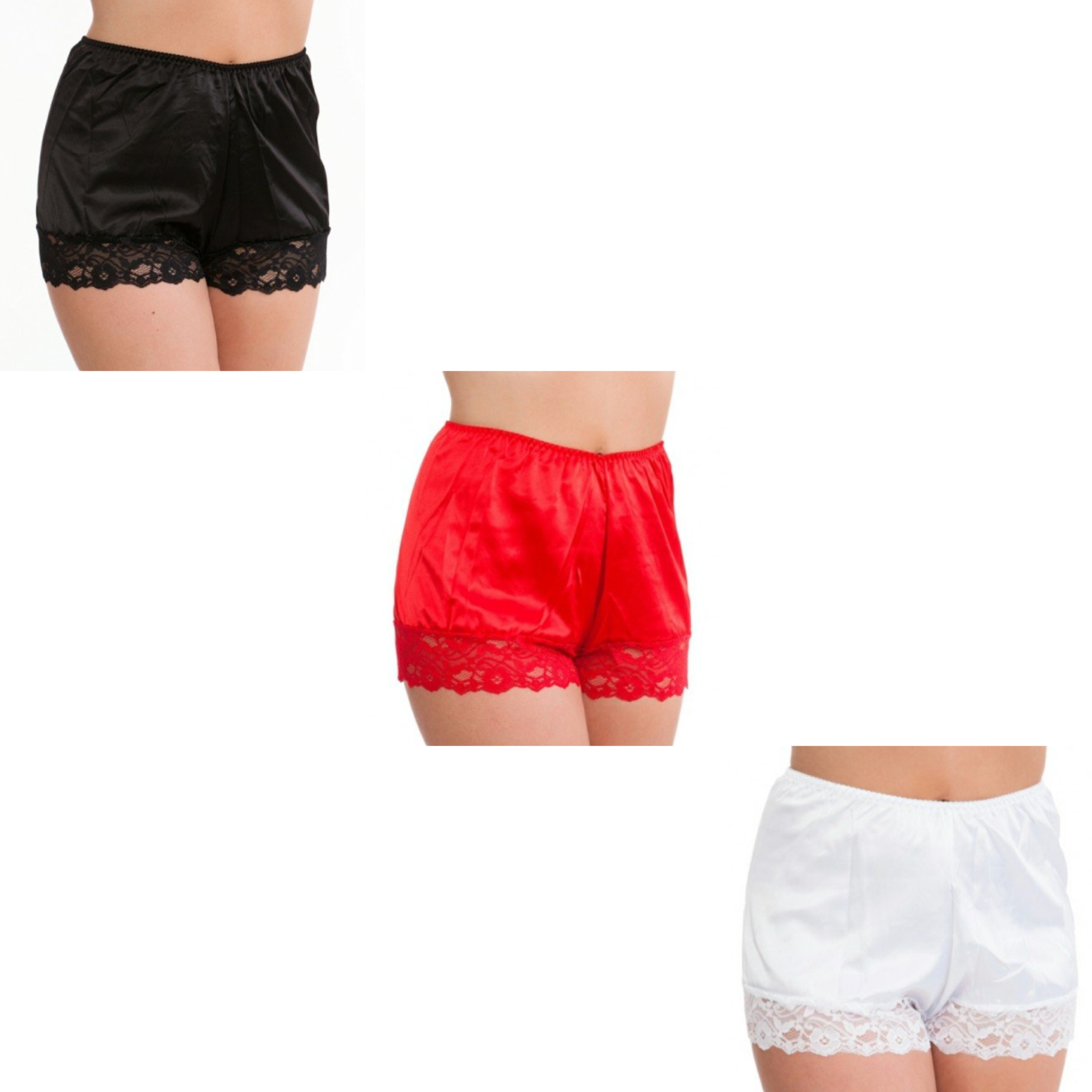 Three pairs of lace-trimmed shorts in black, red, and white on a white background.
