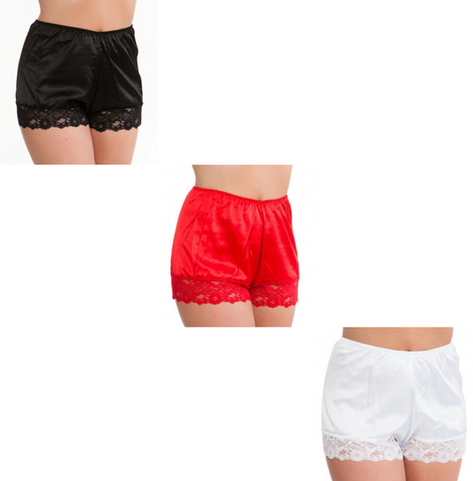 Set of 3 Satin and Lace French Knickers in Red, White, and Black Sizes 10 - 28