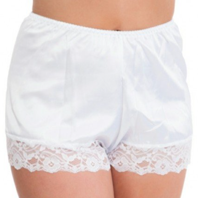 White lace-trimmed shorts on a white background