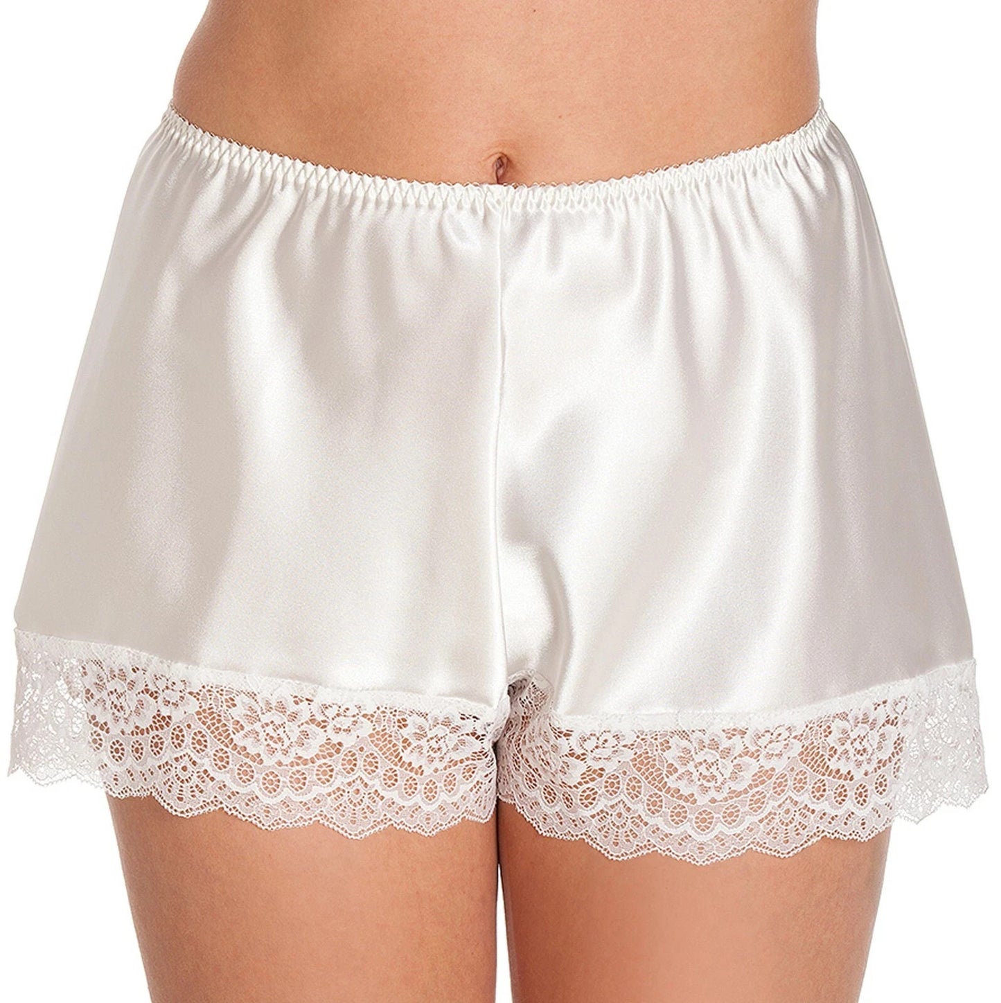 White satin shorts with lace trim on a white background