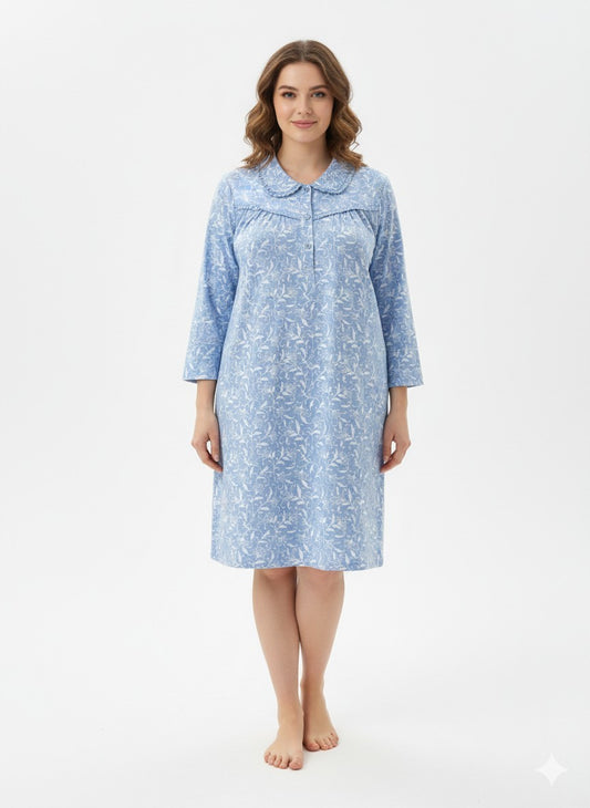 Marlon Ladies Brushed Cotton Wyncette Nightie Blue & White Floral Sizes 8–26