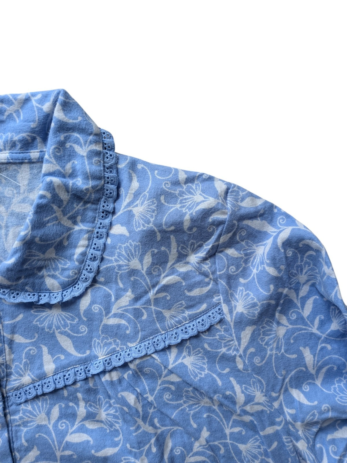 Close-up of a blue floral patterned shirt on a white background