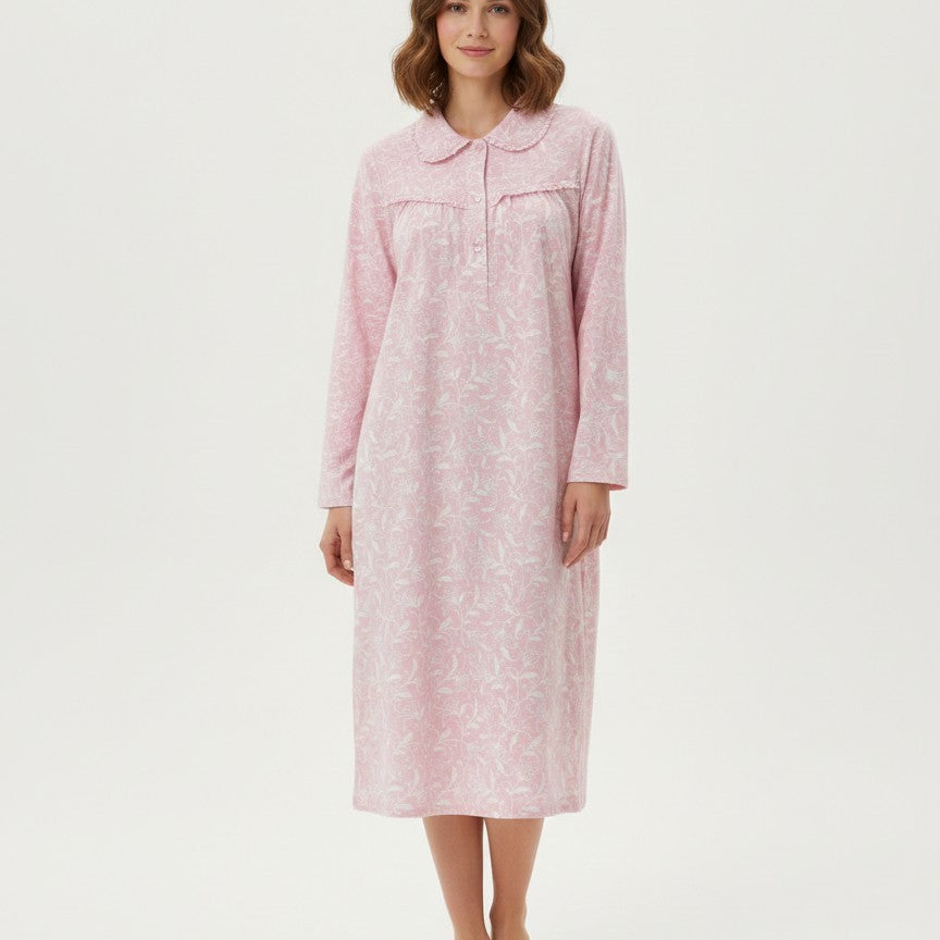 Marlon Floral Brushed Cotton Nightdress – Pink & White