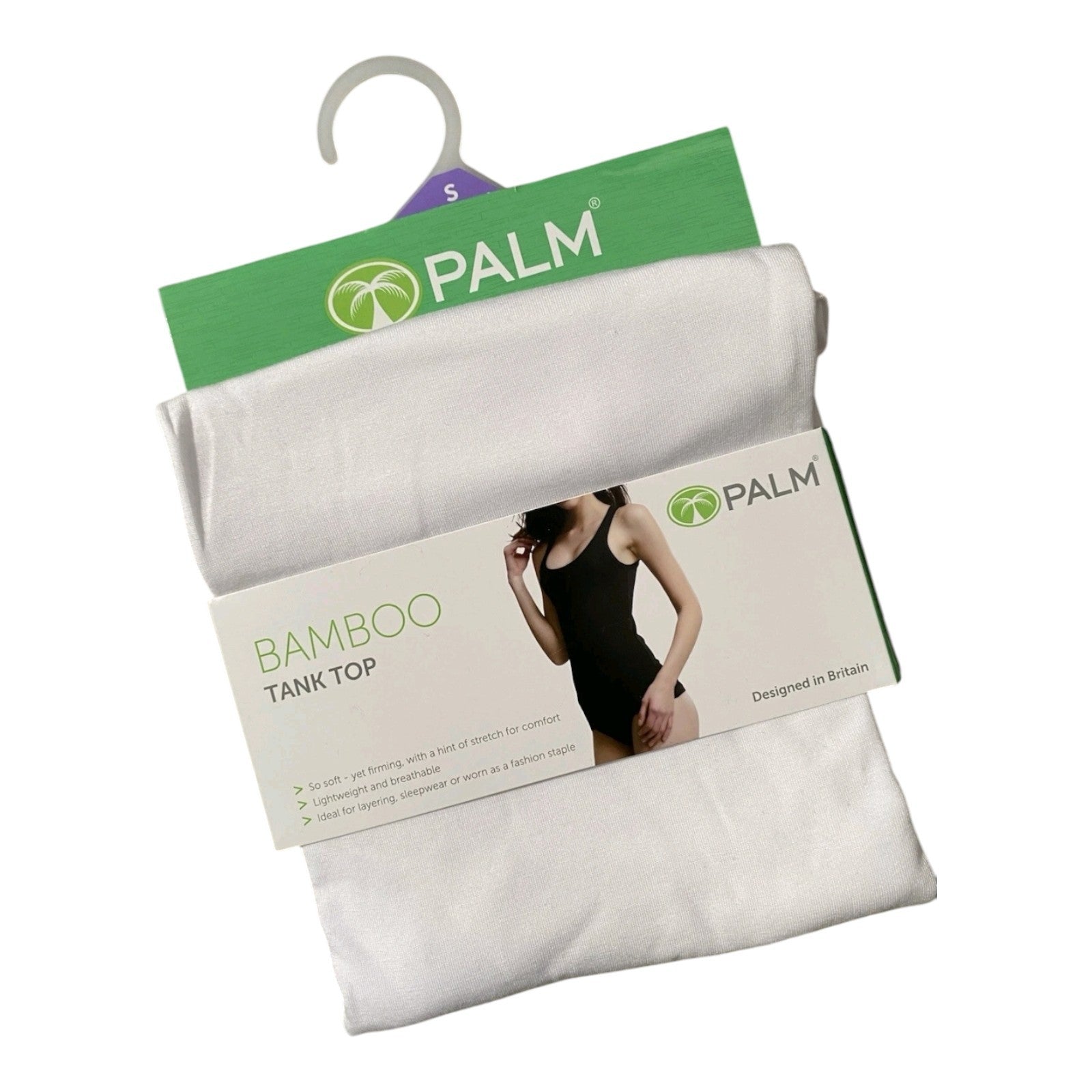 White bamboo tank top with 'Palm' branding on packaging against a white background