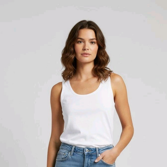 Woman wearing a white tank top and light blue jeans on a plain background